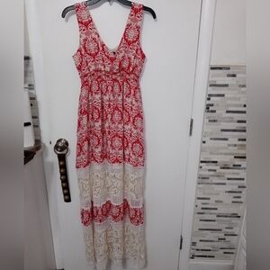 Sunday in Brooklyn Anthropology Red White floral and lace sleeveless maxi dress